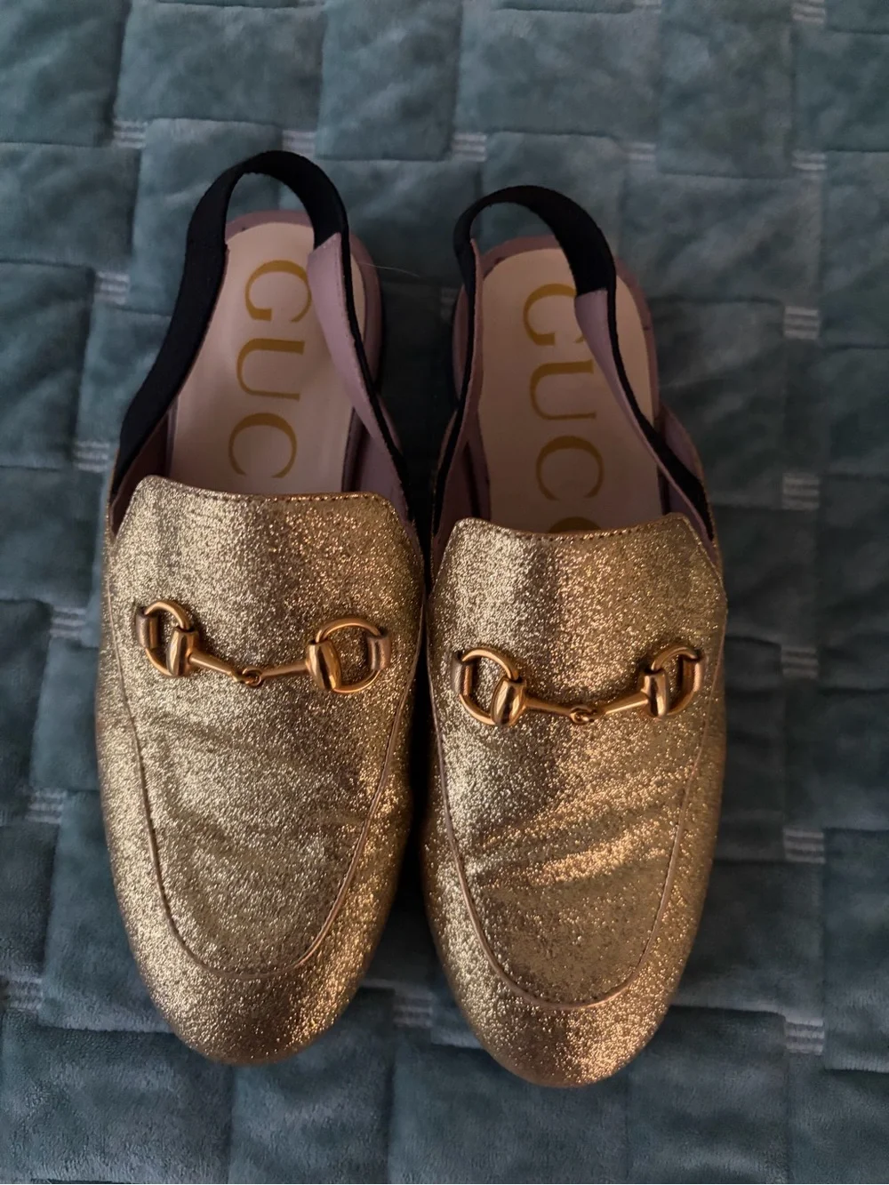 Gucci Kids Princetown Gold Glitter Horsebit Slingback Loafers EU 33 / US 2